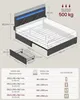 Diagram showing the dimensions and specifications of a bed frame and mattress, including storage drawers and LED lighting. Produktbild-Vorschau