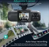 A dashcam is shown mounted on a car's windshield, with film strips displaying various scenes from the dashcam's perspective. Produktbild-Vorschau