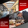 A collage showing a large industrial factory on the top left and a man working on a project in a workshop on the bottom right, with text overlays. Produktbild-Vorschau