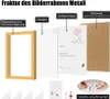 Diagram showing the components of a picture frame and how they fit together, with some accessories and a warning label. Produktbild-Vorschau