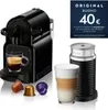 A Nespresso coffee machine, milk frother, coffee capsules, and a latte macchiato are displayed with a promotional offer. Produktbild-Vorschau