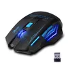 A black wireless gaming mouse with blue LED lighting and a USB receiver. Produktbild-Vorschau