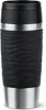 A black and silver travel mug with a wave pattern on a white background. Produktbild-Vorschau