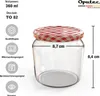 A glass jar with a red and white checkered lid, shown with dimensions and feature icons. Voir les images du produit