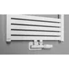 A close-up shot of a white radiator valve set attached to a white radiator, mounted on a light gray wall. Náhled obrázku produktu