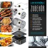 A collage of food items and air fryer accessories, with text describing the accessories. Produktbild-Vorschau