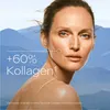 A woman's face and upper body are shown against a backdrop of blue mountains. Text overlays indicate a 60% increase in collagen. Anteprima dell’immagine prodotto