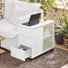 SoBuy Couchtisch FBT141-W: Detail der geöffneten Schublade mit Kabeln Voir les images du produit