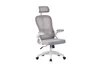 A studio shot of a gray ergonomic office chair with a white base and wheels, against a plain white background. Voir les images du produit