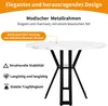 A round table with a marble-patterned top and black metal legs, with text overlays describing its features. Produktbild-Vorschau