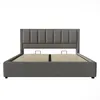A grey upholstered bed frame with a slatted base, shown from the front against a white background. Produktbild-Vorschau