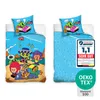 Two views of a Brawl Stars themed duvet cover and pillow set. The left side shows the front with characters and a picnic scene. The right side shows the back with a geometric pattern and certification badges. Produktbild-Vorschau