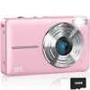 A pink digital camera with a silver lens and flash is shown against a white background. A 32GB memory card is placed in the foreground. Náhled obrázku produktu