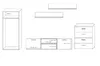 A technical drawing or schematic of a modular furniture set, including a tall cabinet, a media console with drawers, and a chest of drawers, along with wall shelves. Dimensions are indicated for various parts. Produktbild-Vorschau