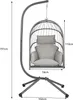 A gray hanging chair with a stand, showing dimensions. Produktbild-Vorschau
