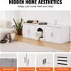 A white wooden cabinet designed to hide cat litter boxes, with two cats nearby. The bottom section shows close-ups of the cabinet's features. Produktbild-Vorschau