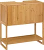 A bamboo bathroom vanity with two doors and a shelf underneath, shown against a white background. Produktbild-Vorschau