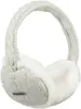 A pair of gray knitted earmuffs with white faux fur lining, shown against a white background.
