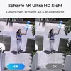 Split image showing a woman holding balloons in two different resolutions, labeled 4K and 2K. Produktbild-Vorschau
