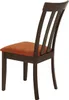 A single dining chair with a dark brown wooden frame and an orange fabric seat, shown from a side-rear angle against a white background. Voir les images du produit
