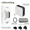 A collage of product images and text describing the contents of the package for a travel power bank. Produktbild-Vorschau