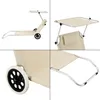 A collage of four images showing different views of a beige sun lounger with wheels and a canopy. Náhled obrázku produktu