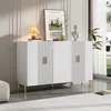 A modern white sideboard with gold accents is displayed in a well-lit room, showcasing its design and functionality. Voir les images du produit