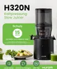 A black Hurom H320N slow juicer is shown on a kitchen counter with some fruits and vegetables, and a glass of juice. Text overlays highlight product features and warranty. Podgląd zdjęcia produktu