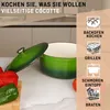 A green enameled cast iron pot with its lid open, placed on a kitchen counter next to fresh vegetables. The right side of the image features illustrations and text describing various cooking methods. Produktbild-Vorschau