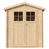 A wooden garden shed with double doors and two windows. Produktbild-Vorschau