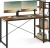 A computer desk with dual monitors and shelving unit, set against a white background. Produktbild-Vorschau