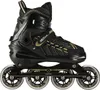 A black and gold inline skate is shown against a white background. Voir les images du produit