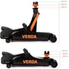 Two views of a black and orange hydraulic car jack, one extended and one retracted, with measurement lines and labels. Produktbild-Vorschau