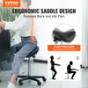 A collage of images showcasing an ergonomic saddle stool, with a person demonstrating its use and highlighting its features like adjustable angle and relief from back and hip pain. Produktbild-Vorschau