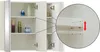 A white bathroom cabinet with mirrored doors is shown open, displaying several shelves with various cosmetic bottles and jars. A close-up inset highlights the adjustable shelf feature with a red arrow indicating vertical movement. Produktbild-Vorschau