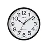 A round analog wall clock with a black frame and a white face, displaying black numbers and hands. Produktbild-Vorschau