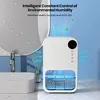 A white dehumidifier is shown in a bathroom setting, with water droplets on a mirror and sink, and blue arrows indicating airflow. Produktbild-Vorschau
