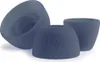 Three blue silicone ear tips are arranged on a white background. One ear tip is shown from the side, cut in half to reveal its internal structure. The other two ear tips are shown from the front, with one displaying the letter 'M' and the other displaying  Voir les images du produit