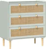 A light green dresser with three rattan-look drawers and wooden legs. Podgląd zdjęcia produktu