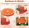 A collage of images showcasing different parts of a fruit-themed cat tree, with German text describing its features. Podgląd zdjęcia produktu