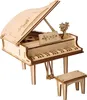 A 3D wooden model of a grand piano with a bench and a small vase of flowers. Podgląd zdjęcia produktu