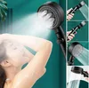 A woman showering with a black shower head, with inset images showing different views and functions of the shower head. Produktbild-Vorschau