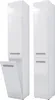Two tall, narrow white bathroom cabinets against a white background. One cabinet has its door open, revealing shelves inside. The other cabinet is closed. Produktbild-Vorschau