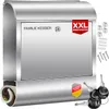 A stainless steel mailbox with a newspaper holder and keys, along with mounting hardware, displayed against a white background. Produktbild-Vorschau