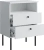 A white nightstand with two drawers and an open shelf, shown from a slightly elevated diagonal angle. The drawers are partially open, revealing metal drawer slides. It stands on four thin black legs. Anteprima dell’immagine prodotto
