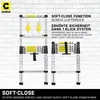 A marketing image showing a telescopic ladder with text highlighting its features. Produktbild-Vorschau