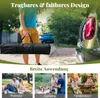 A collage of images showing a person carrying a folded pavilion bag, and three smaller images depicting people using the pavilion for picnics, camping, and family gatherings. Produktbild-Vorschau