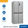 A silver refrigerator with four doors is shown, with feature icons and text on the left side. Produktbild-Vorschau