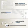 Collage of images showing details of a white electric towel radiator, including its heating element and cable. Produktbild-Vorschau
