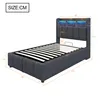 A single bed with a headboard featuring LED lighting, shown with dimensions indicated by measurement lines and numbers. Náhled obrázku produktu
